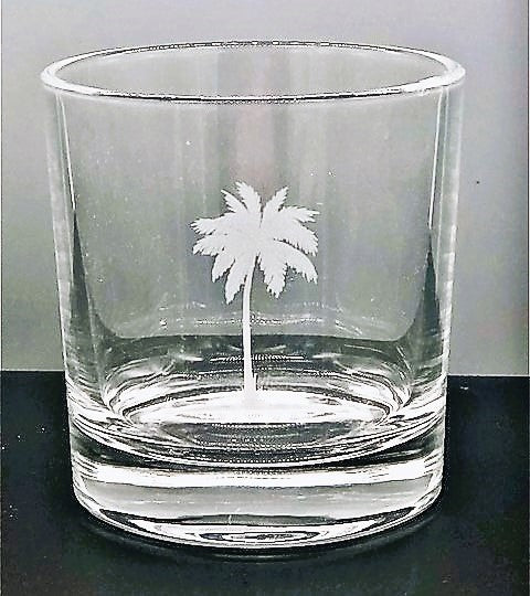 11 oz Rocks Whiskey, Scotch, Brandy, Cocktail Glass - Frosted Palm Tree Design (1 Piece, 2 Piece, Set, or 4 Piece Set)