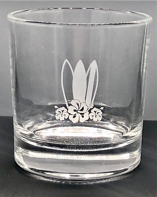 11 oz Rocks Whiskey, Scotch, Brandy, Cocktail Glass - Frosted Surfboards and Hibiscus Flower Design (1 Piece, 2 Piece, Set, or 4 Piece Set)